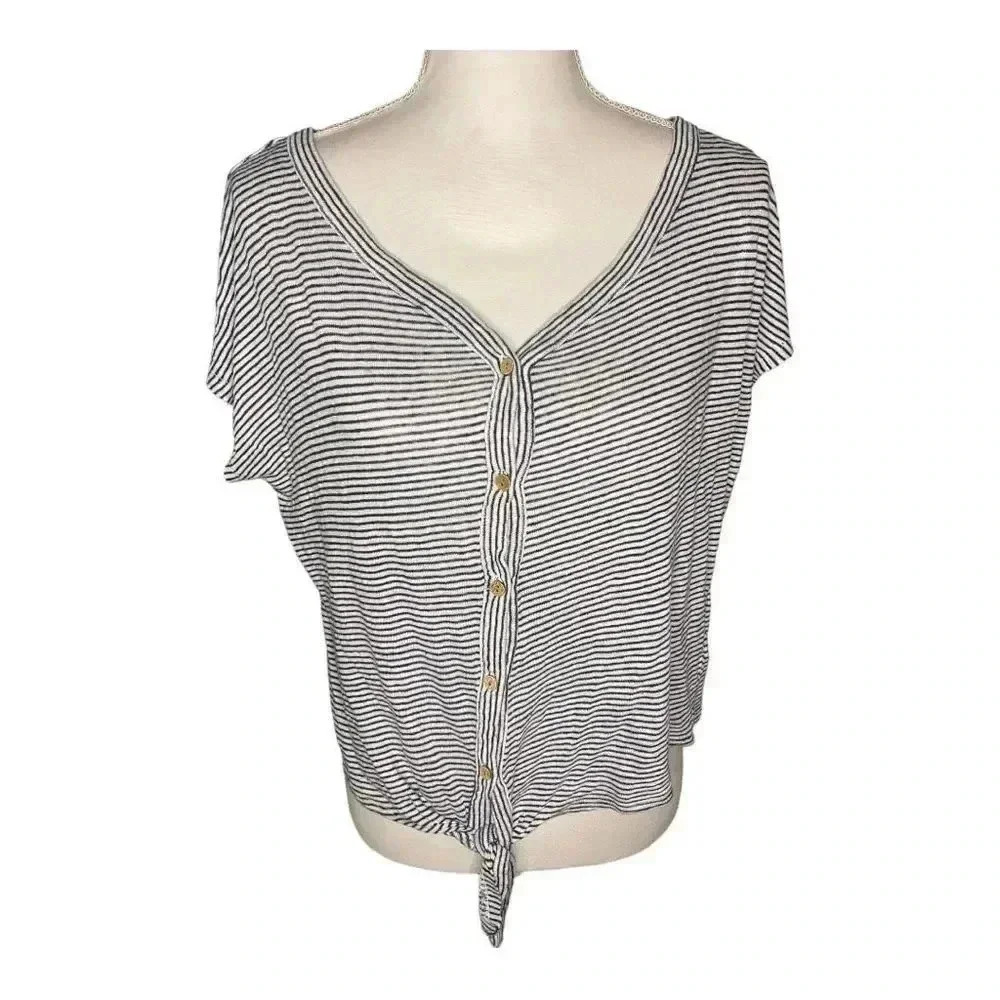 Rachel Zoe 100% Linen Striped Button Up Tie Front Blue & White Women's Small Top